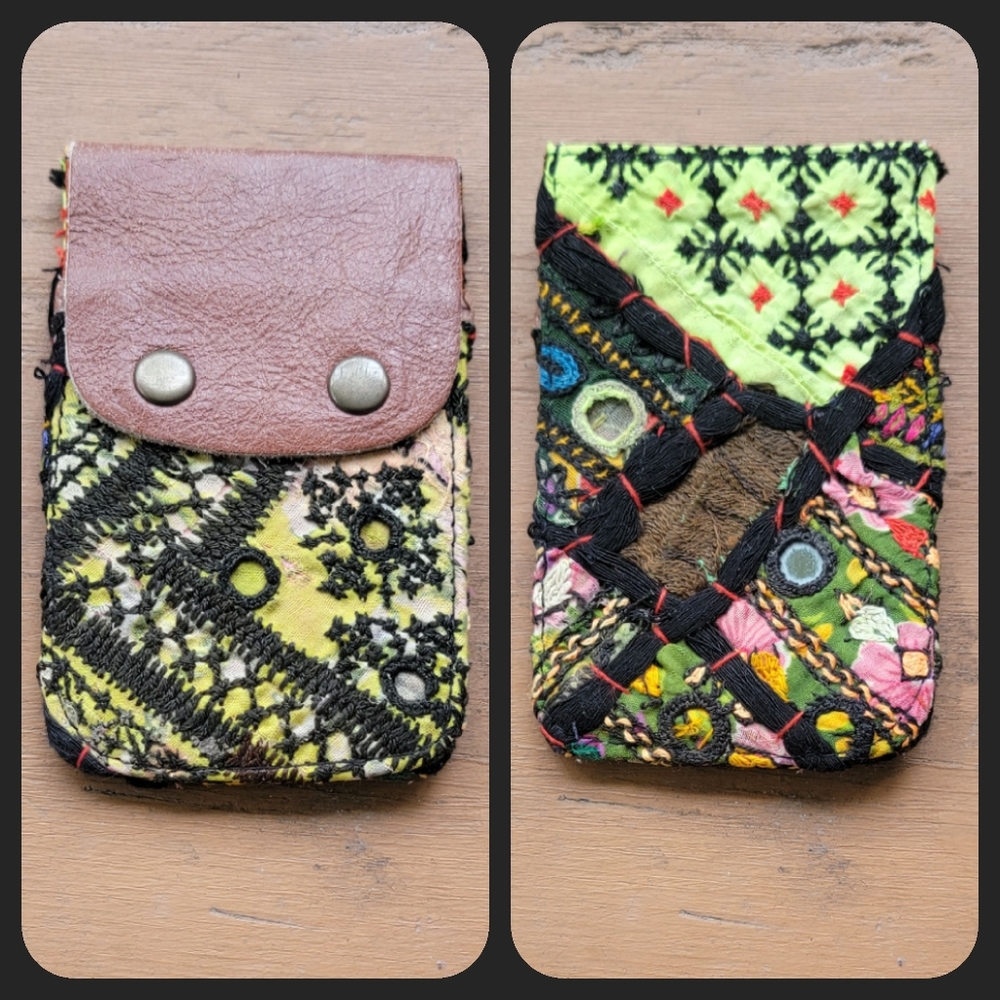 🥂🕺 Free People Boho Embroidered Repurposed vtg banjara hippie Wallet card case